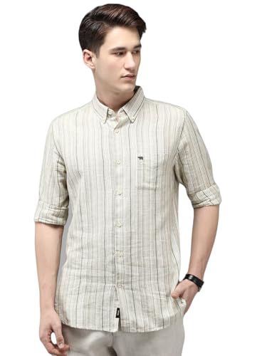 Image of THE BEAR HOUSE Men's Striped Slim Fit Cotton Linen Casual Shirt | Green | TBH-INGO-CR