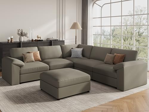 Image of EASE MOOSE Oversized Corner Modular Sectional Sofa with Ottoman, Faux Leather Sectional Sofa with Deep Seat, Scratch Resistant Faux Leather Material, Extra Large L Shaped Couch,Light Grey