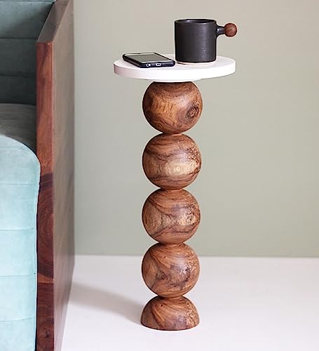 Image of Liva Solid Wood End Table - Abstract Designer Side Table for Living Room and Bedroom - Brown Finish, Sheesham Ball Pack Sofa Table |