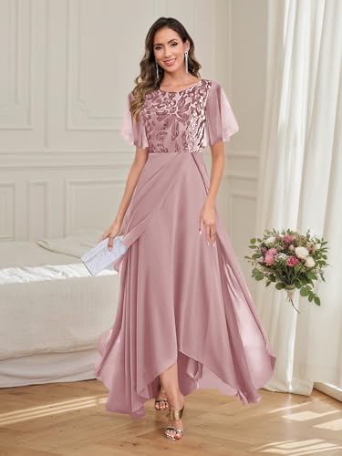 Mother of The Bride Dresses for Women Sequin Ruffle Sleeves Scoop Neck High Low A-Line Pleated Wedding Guest Dress4