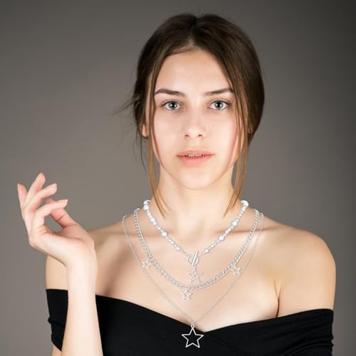 Star Necklace Y2k Silver Necklace Grunge Layered Necklace Cute Aesthetic Stack Toggle Chain Necklaces for Women Vintage Emo Jewelry3
