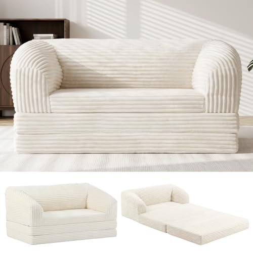 Image of JUIKURY Convertible Sofa Bed, 3-in-1 Foldable Loveseat Couch with Armrest, Corduroy Floor Sofa & Sleeper Bed, No Assembly High-Density Foam Futon Mattress for Living Room, Small Apartment, Dorm