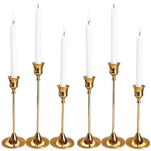 6 PCS Candlestick Holders Taper Candle Holders, Tall Candlestick Holders Brass Golden Candle Stick Holder for Party Fireplace Dining Table