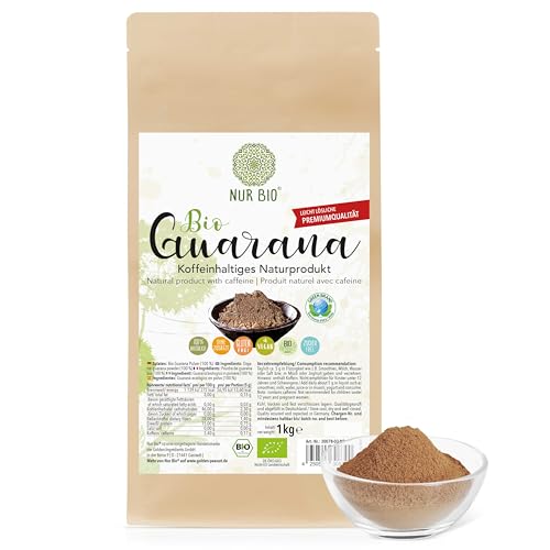 NUR BIO® Bio Guarana Pulver 1 kg natürliches Koffein ohne Zusätze vegan Energie-Getränk Kaffee-Ersatz (1 kg Beutel)