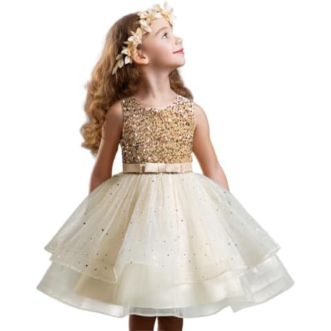 HNXDYY Flower Girl Pageant Seuqins Birthday Princess Dress Toddler Girls Tutu Wedding Ball Gown #55-C Champagne Size(140) 6-7 Years Cover