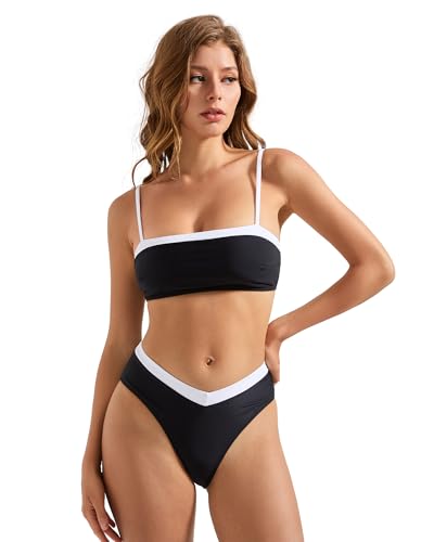 SUUKSESS Women Bandeau High Waited 2 Piece Bikini Set Cheeky High Cut Swimsuit4