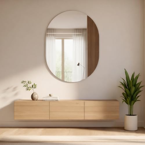 Image of Capsule-Shaped Frameless Wall Mirror - Modern Decorative Mirror for Bathroom, Bedroom, Entryway & Living Room. (9x15)