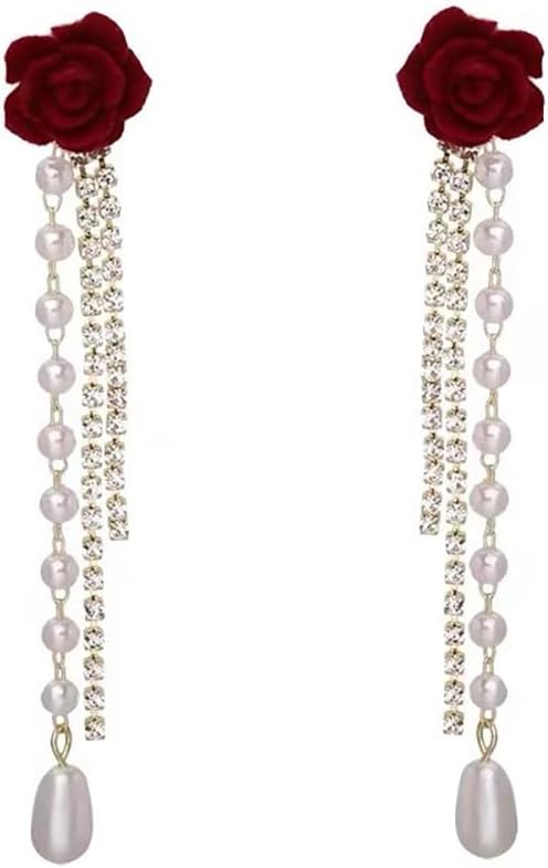 Long Chain Flower Drop Dangle Earrings for Women Sparkly Crystal Red Rose Chain Earring Elegant Pearl Floral Tassel Charms Earring Jewelry Gifts - Image 5