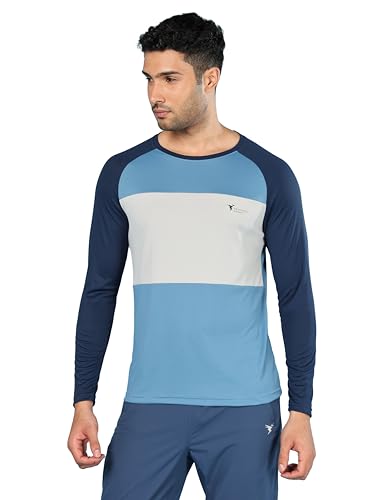Image of TECHNOSPORT Men's Slim Fit Polyester Color Block Athleisure Crew Neck T-Shirt with Full Sleeve, Moisture Wicking and Quick Dry