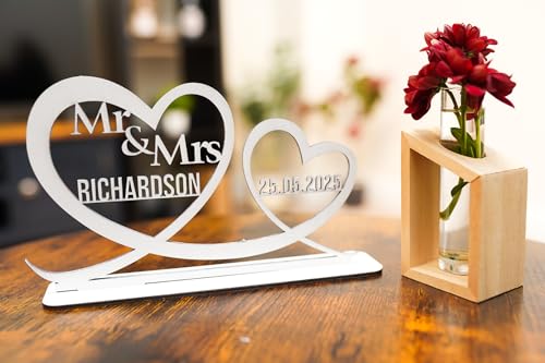 Image of Personalised Mr & Mrs Wedding Plaque - Custom Surname and Date - Freestanding Heart Decoration - Keepsake Gift for Weddings, Anniversaries, or Table Decor
