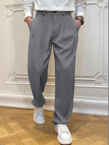 Image of Men's Relaxed Straight Leg Loose Fit Pleated Trousers | Mid-Rise Formal Pants with Zip Fly & Button Closure | Solid Regular Length Office Wear Trousers
