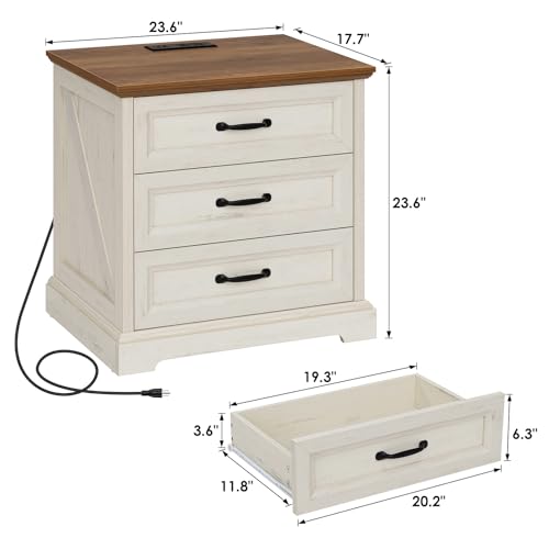 Image of HOMMPA 24'' Farmhouse Nightstand with Charging Station, Bedside Tables with AC Outlets & USB Port, 3 Drawers Side Table End Table Dresser, Rustic Wood Night Stand for Bedroom, Rustic White