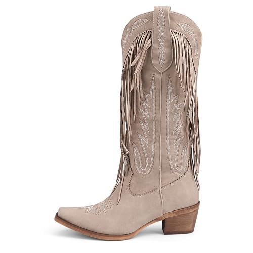 Women's Fringe Cowboy Boots Mid‑Calf Block Heel Snip Toe Boots Retro Embroidered Tassel Western Cowgirl Boots2