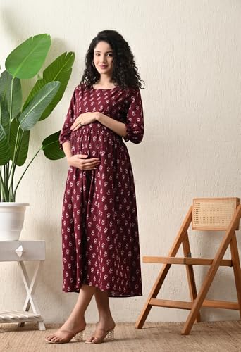 Image of Ichaa Women's Blue Cotton Printed Maternity Dress with Feeding Zips and Pocket| in Plus Sizes