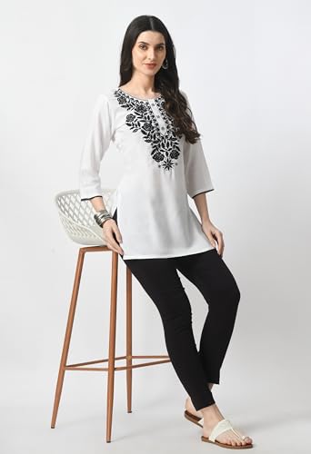 Image of LIBOZA Kurti for Women - Short Chikankari Kurtis for Girls, Lakhnawi Tunic Top Kurta Design for Ladies, Woman Ethnic Kurthis & Shirt with Sleeve