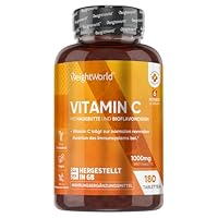 Vitamin C 1000mg pro Tablette - 180 vegane Tabletten für 6 Monate - Vit C als L-Ascorbinsäure mit Bioflavonoiden & Hagebutte - WeightWorld