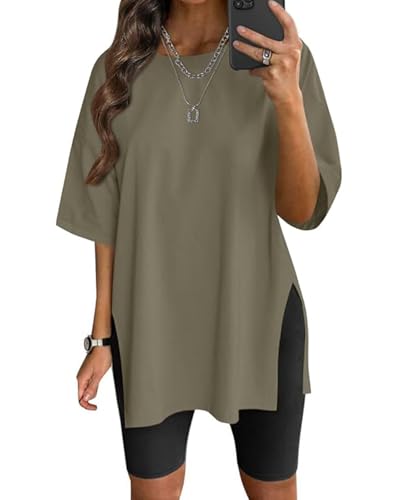 Damen Oversized T-Shirt Größen Tees Basic Tops T Shirt Seite Split Kurzärmliges Runden Hals Loose Fit Grün XXL