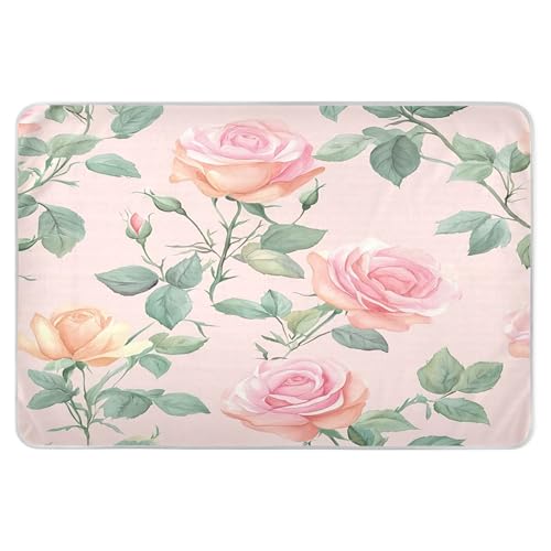 Takiito Watercolor Roses on Pink Bed Pad Reusable Bed Underpad Washable Waterproof Leak-Proof Quick Dry Incontinence Pee Pad for Toddlers Kids Adults Pets 34x52 in