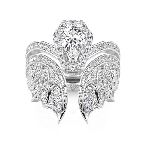 Image of Jeulia Unique Gothic Design 925 Sterling Silver Pear Cut Bat Coffin Promise Engagement Wedding Ring Set with Diamond Wings Bridal Jewelry Gift Box