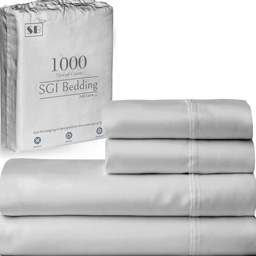 SGI 1000 Thread Count Egyptian Cotton Queen Sheet Set – Ultra Soft, Deep Pocket 15” Fitted, Breathable & Hotel-Quality,Luxury 4-Piece Premium Bedding Set for Crisp, Durable Comfort – Light Gray