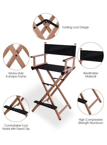ميشيدا كرسي مدير قابل للطي، كرسي الومنيوم خفيف الوزن محمول لفناني المكياج لغرفة النوم والاستوديو وصالونات التجميل والانشطة الخارجية (ذهبي وردي)