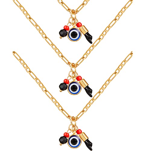 MTLEE 3 Pieces Gold Plated Azabache Evil Eye Necklace Figa Protection Jewelry