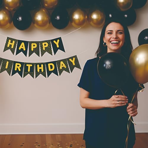 Image of Black & Gold Metallic Balloon Set with Happy Birthday Banner Perfect for Stylish Parties & Festive Events