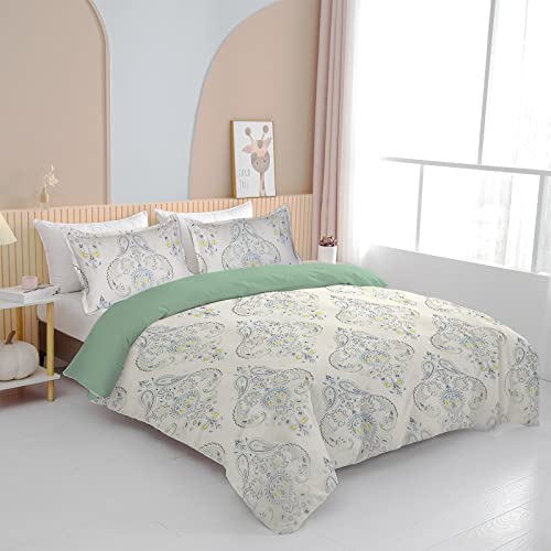 Bedmust Boho Floral Duvet Cover Full Beige Paisley Print Comforter Cover Soft Breathable Reversible Damask Medallion Bedding Set With 2 Pillowcases #TOP4