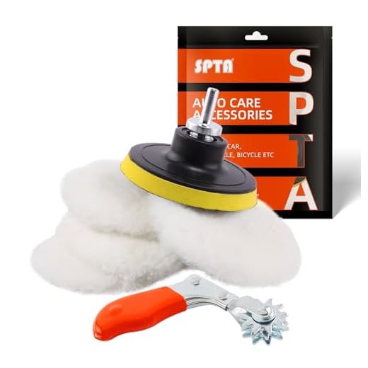 SPTA 3 Inch (75mm) Polisher/Buffer 3" Wool Buffing Pad Lambwool Wool Buffing polishing Pads, 6 Pcs Kit with Hook & Loop 5/8"-11 Thread Drill Adapter for Car Polisher Polishing and Buffing