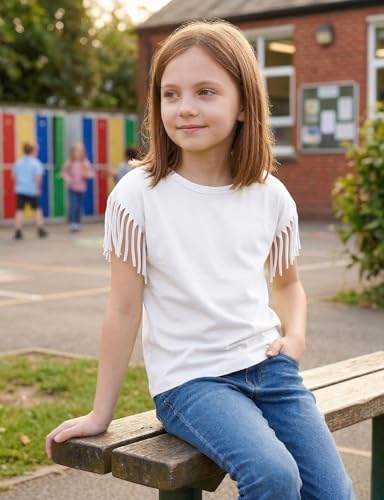 Image of Noomelfish Girls Fringe Sleeve T-Shirts Tassel Casual Summer Tee Tops (5-12 Years)