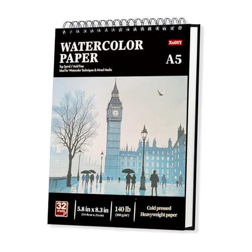 A5 Watercolour Paper Pad 32 Sheets (64 Pages) 300GSM (140LB) Cold-Press Natural White Spiral-Bound A5 Sketchbook Drawing Pad Mixed Media Paper Suitable for Beginners & Hobbyists