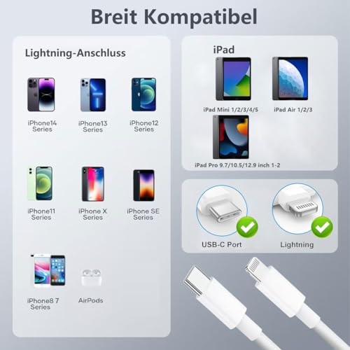 iPhone Ladekabel,25W Original MFi Zertifiziert iPhone Ladegerät Lightning Kabel für iPhone 14 13 12 11 Pro Max Plus Mini Xs Xr X 8 7 iPad,USB C Adapter Charger Schnellladegerät mit 2M Schnellladekabel