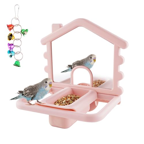 Image of 3 in 1 Bird Mirror with Perch Stand,Parrot Mirror for Cage,Bird Swing Toys for Cockatiels,Lovebirds,Conures,Parakeets-Helps Birds Release Stress (Pink)