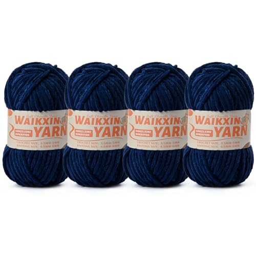 Image of (4 Navy Blue) 4 Pack Super Soft Fuzzy Chenille Chunky Yarn for Crocheting, 400g (350yds) Velvet Fluffy Amigurumi Yarn for Hand Knitting Baby Blankets Weaving Craft