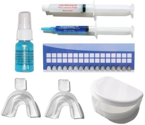 Non-peroxide teeth whitening kit with mouth trays and case, remineralization gel to reduce tooth sensitivity, a shade guide to track the progress and a pre-treatment spray to improve the whitening process