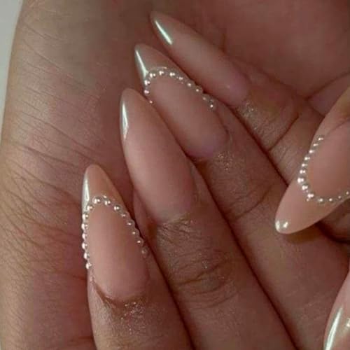 IQXGE French Tip Press on Nails Almond Medium Nude Glossy False Fake Nails Press ons Full Cover Artificial Stick on Nail with White Pearls French Design Fake Nail 24Pcs Reusable for Women
