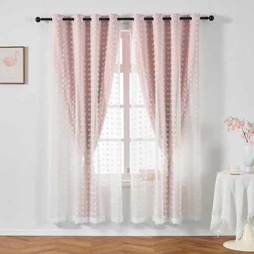 Image of Pink Blackout Pom Pom Sheer Curtain for Girls Bedroom 2 Panels, Double Layered Curtain with White Overlay, Light Blush Baby Toddler Nursery Curtains 63 Inch Length, Cute Boho Window Drapes