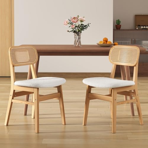 chairus Juego 2 de Sillas de Comedor Madera Maciza Sillas de Cocina con Respaldo Ratán, Sillas Rústica Tapizado en Lana Sintética para Restaurante/Cafetería, Beige
