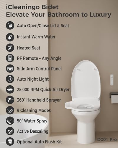 Image of DC01 Pro iCleaningo Electric Bidet Toilet Seat, Side Panel Control, Instant Heating, Warm Water Wash, Heated Seat, Warm Air Dry, Auto Open & Close Lid, 360 Handheld Sprayer, Elongated, Remote