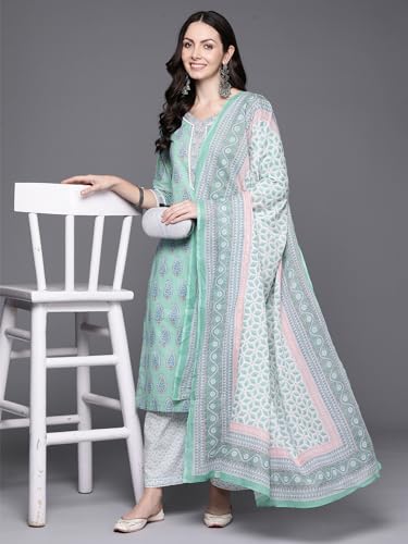 Image of INDO ERA Women's Sea Green Printed Pure Cotton Kurta with Pant & Dupatta Set
