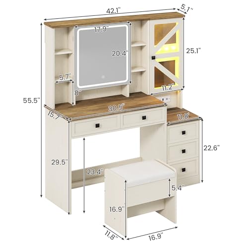 Image of AOGLLATI Farmhouse Vanity Desk with Mirror and Lights, Makeup Vanity Set with Lights & Jewelry Cabinet & 5 Drawers, Vanity Table with Charging Station, Hidden Storage Space for Bedroom, Antique White