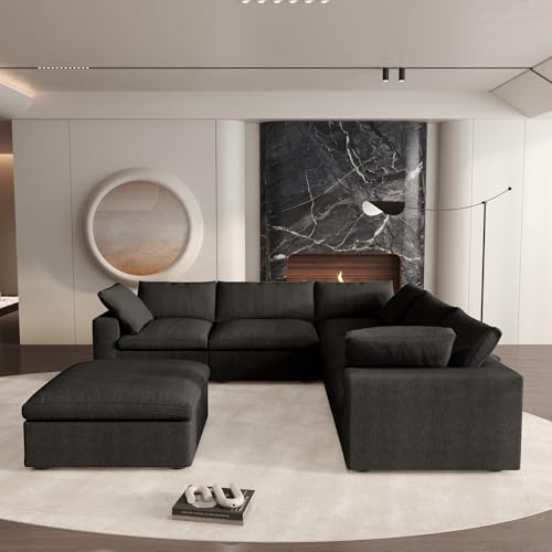 Cloud Couch Modular Sectional Sofa with Storage Ottoman,160.6" Down Filled 6 Seater Couch,V Shaped Oversized Convertible Sectional Sofa for Living Room,Covers Removable & Washable, Black