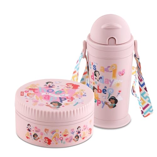 Image of JAYPEE First Step Inner Stainless Steel Insulated Lunch Box Meal and Sip Combo for School Kids Water Bottle Sipper & Disney Princess School Kids Tiffin Box 375 & 270 ml Water Bottle, Pink