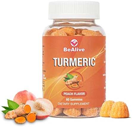 BEALIVE Turmeric Gummies for Adults Peach Flavor | Black Pepper and Ginger Supplements for Joint Support | Vegetarian Chewable Vitamins Supplement | Turmeric Gummy Vitamin | (60 Count Bottle)