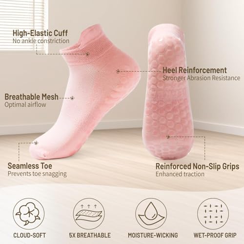 Image of Non-Slip Pilates Yoga Socks for Women Cotton Crew Striped Bow Embroidery for Barre Ballet Dance Workout