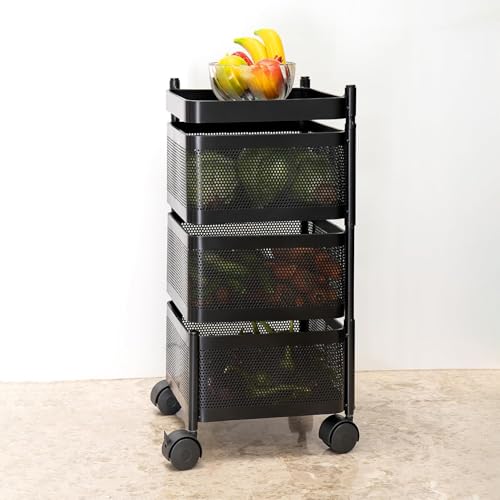 Image of MARKWELL Square Kitchen Trolley with Wheels | Vegetable Onion Storage Rack for Kitchen | Multipurpose Organizer Stand with Basket | Black (Layer 3)