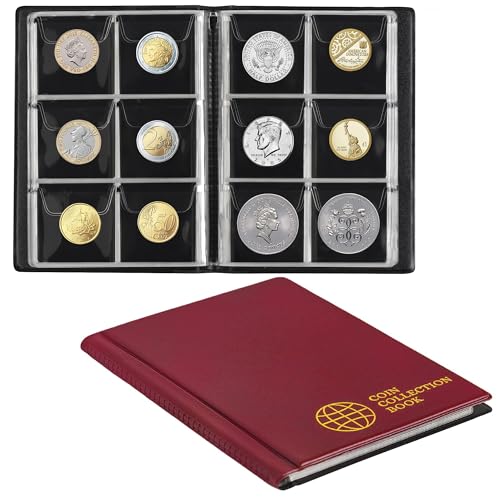 Album de Collection de pièces de Monnaie 60 Poches - 4,5x4,5 cm/1,8x1,8 Pouces Porte-Monnaie Livre Album de Stockage D'Argent Penny Pocket pour...