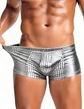 ohmydear Herren Boxershorts mit Schlangenmuster, Kunstleder Boxer Brief Low Rise Unterhose Hohe Elastizität Retroshorts, Leder Unterwäsche Männer Sexy Slips mit Pouch Silber