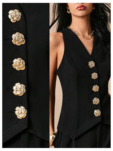 GORGLITTER Women's Metal Flower Blazer Vest Sleeveless V Neck Fashion Vests Top Business Casual Work Tops2