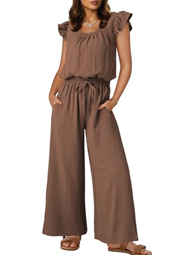 Dokotoo Jumpsuit Damen Sommer Musselin Overalls Elegant Business Hochzeit Hosenanzug Weites Bein Playsuit Lang Romper kaffee XL